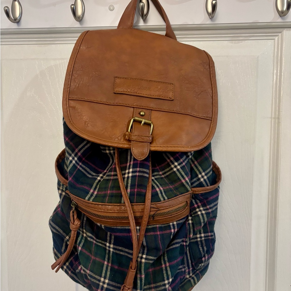 American Eagle Outfitters Blue Plaid W/camel Brown Backpack